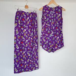 Vintage 70's Feather Sleeveless Bodysuit + Maxi Skirt Sz S Unique Set Boho Retro